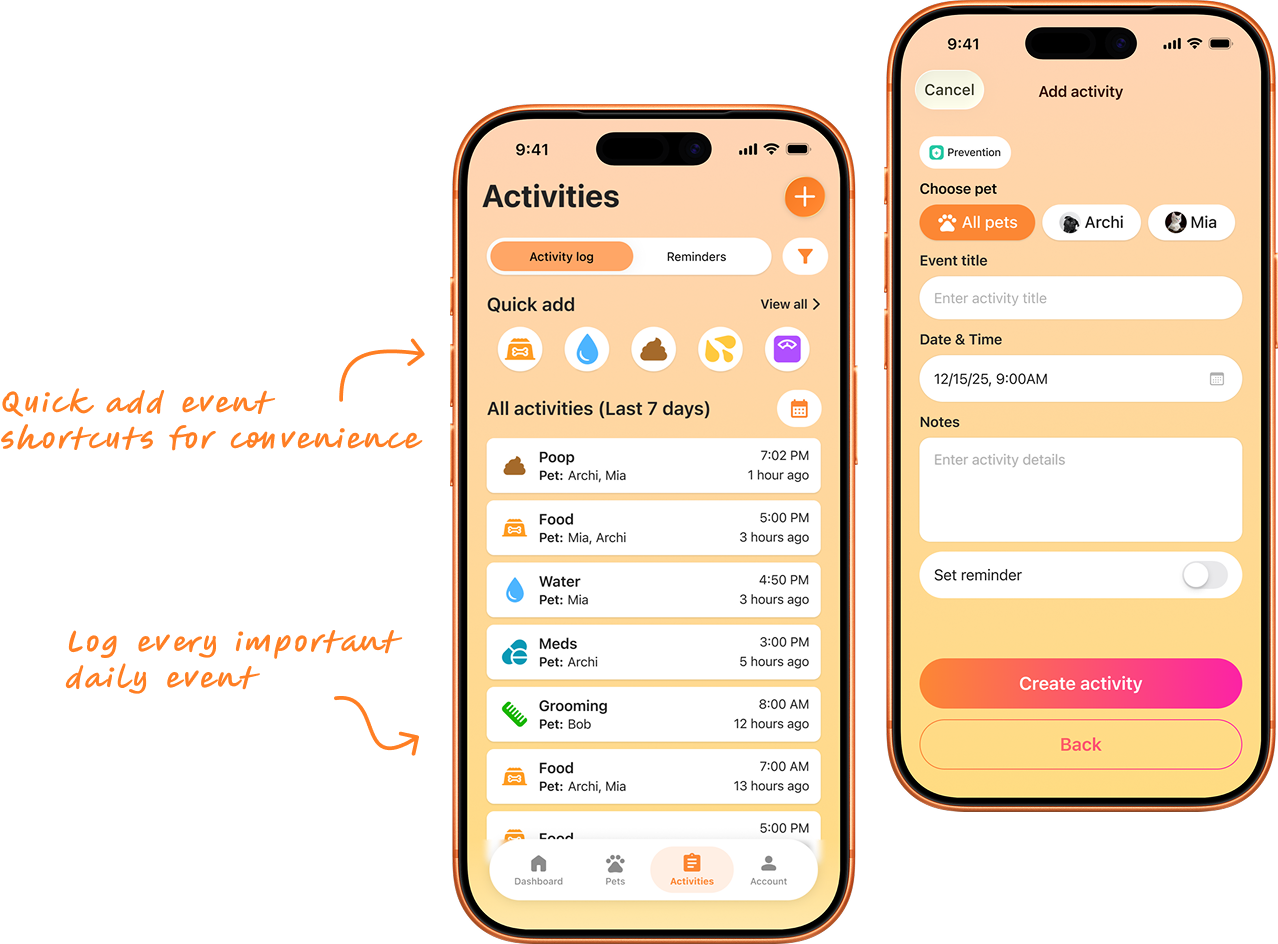 phone mockups displaying activities page along with how to add activity page