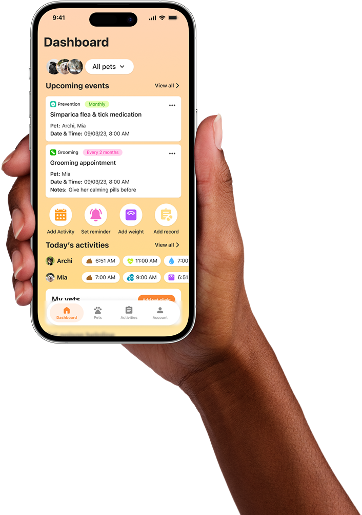 a phone mockup with app dashboard displaying reminders and activity logs for pets