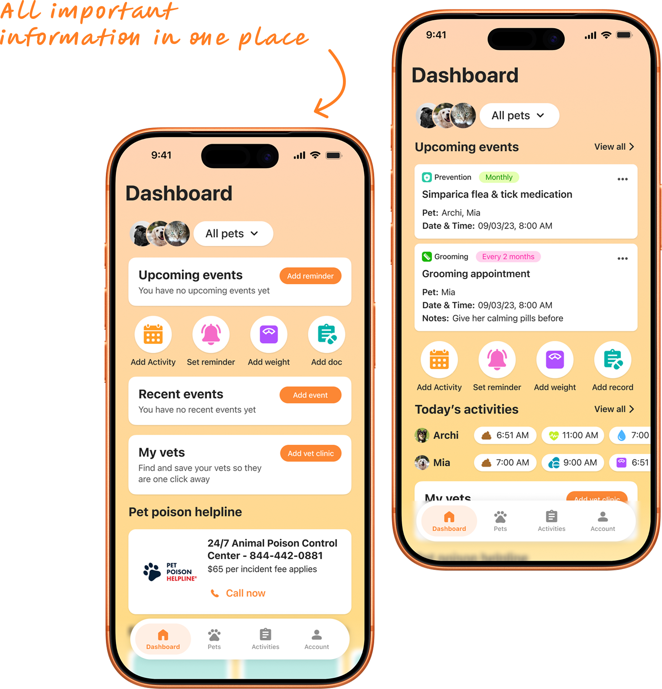 two phone mockups showing empty state and filled state of the dashboard