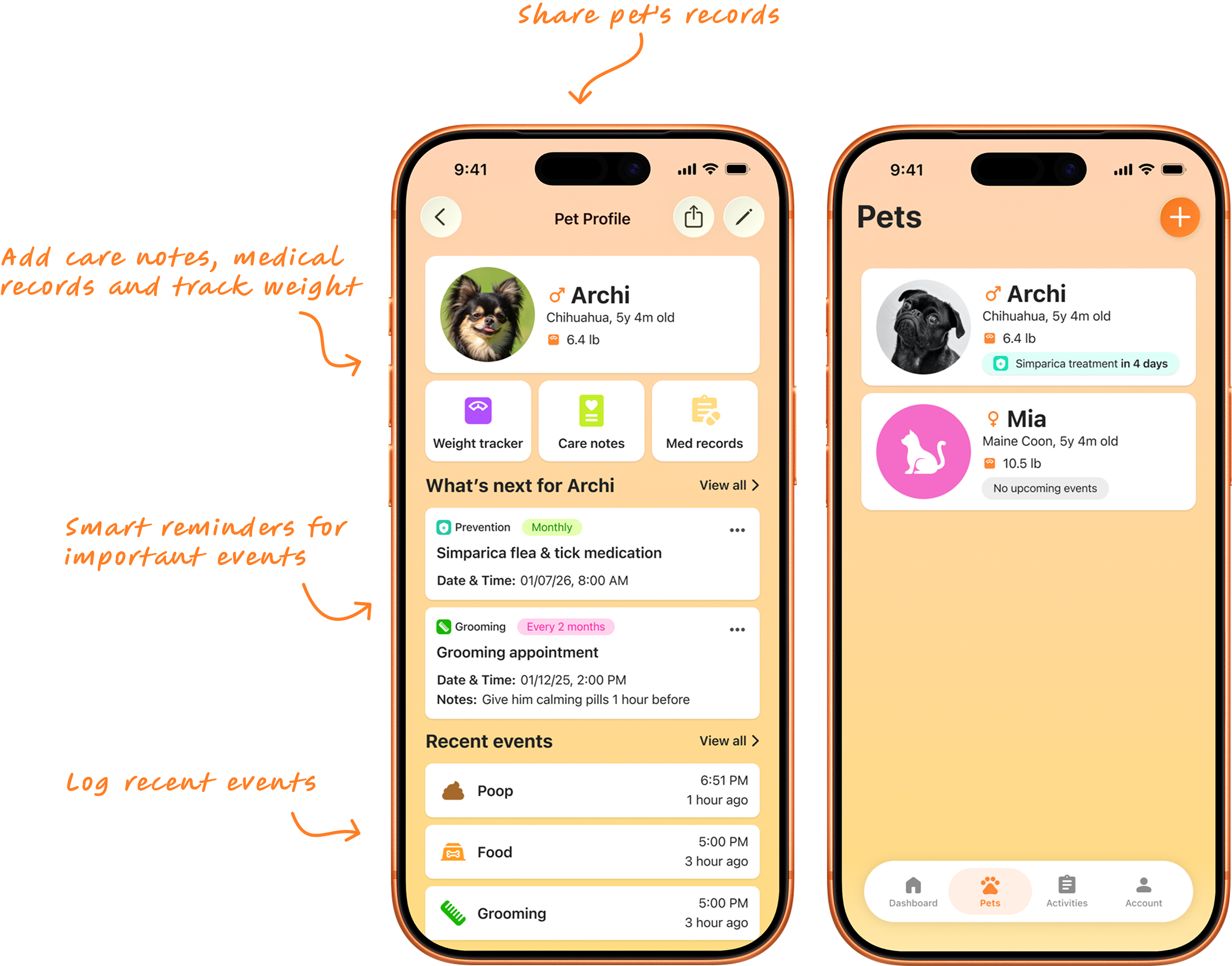 phone mockups displaying pet profile page